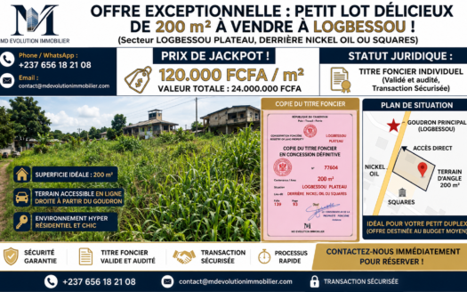 TERRAIN TITRÉ INDIVIDUEL DE 200 m² À DOUALA – LOGBESSOU PLATEAU – TRANSACTION 100% SÉCURISÉE