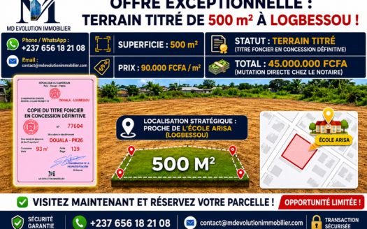 Terrain Titré de 500 m² à Vendre à Douala Logbessou (Proche École Arisa)