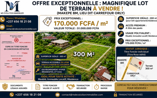 TERRAIN TITRÉ DE 300 m² À DOUALA – MAKEPE BM (CARREFOUR ORLY) – TRANSACTION 100% SÉCURISÉE
